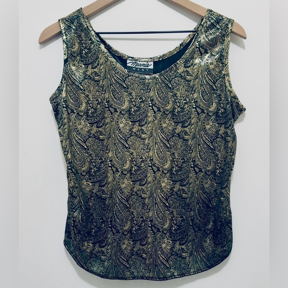 Marnie West Vintage 90’s Lamé Gold & Black Paisley Print Women’s Medium Top - Picture 11 of 11